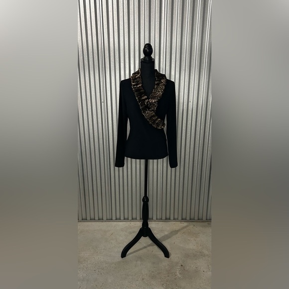 Women’s Vintage Joseph Ribkoff Black Cheetah Designer Long Sleeve Ruffle Size 10 - Picture 1 of 6